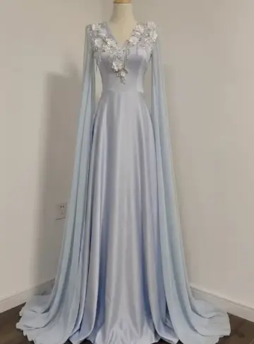 Elegant Pale Blue Prom Gown , Silky Satin Applique Maxi Evening Dress RS1332