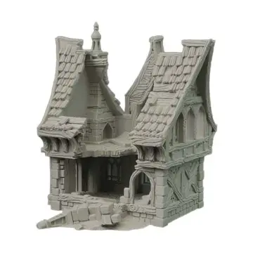 An unpainted, light grey 3D-printed tabletop miniature of a ruined two-story medieval fantasy cottage. The building has sustained massive damage, with a large central section completely collapsed, effectively splitting the structure and its wood-shingled roof into two remaining halves. The open front reveals a partially broken second-story floor and an empty interior with arched windows. The exterior features damaged stone brickwork and half-timbered walls, with a fallen stone pillar and rubble lying in the front left foreground. Isolated on a white background.