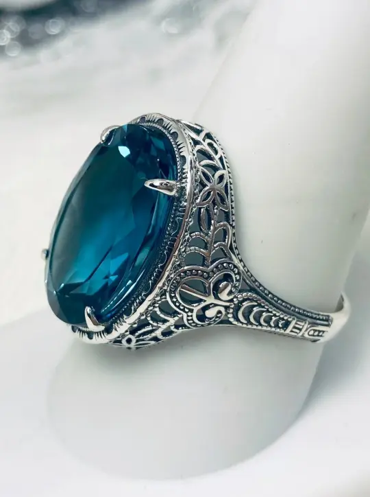 Natural London Blue Topaz Persian Ring, Art Deco Vintage Revival Jewelry #D230