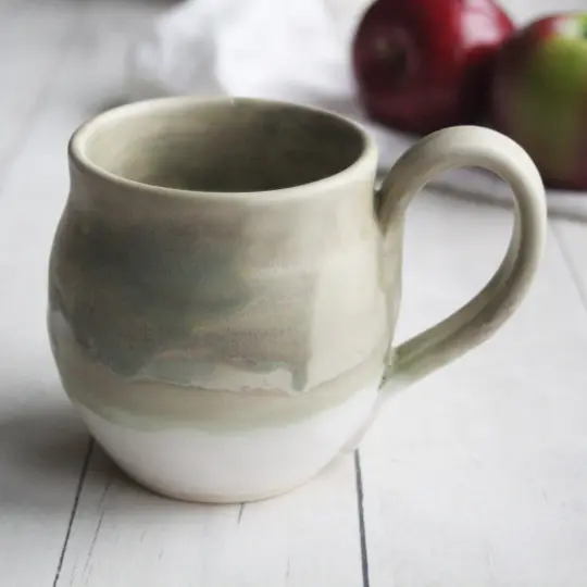 Matte Camo Green and White Stoneware Mug, 15 Oz. Rustic Coffee Cup, Ready to Ship Made in USA