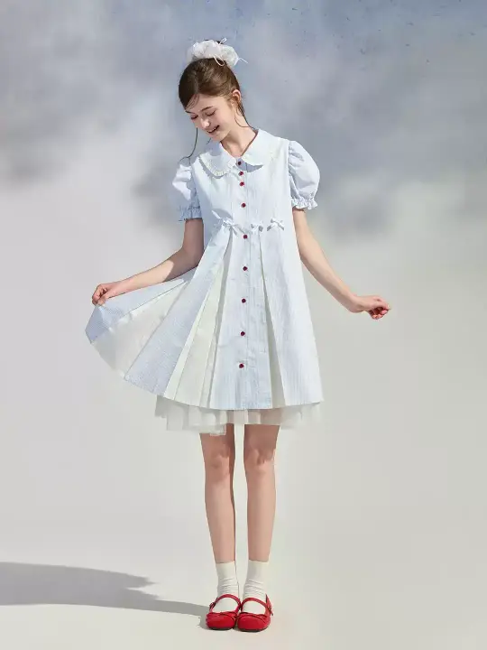 Light Blue Striped Peter Pan Collar Dress with Puff Sleeves R9214