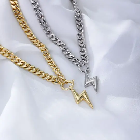 Chunky Cuban Chain Lightning Bolt Necklace (Silver or Gold)