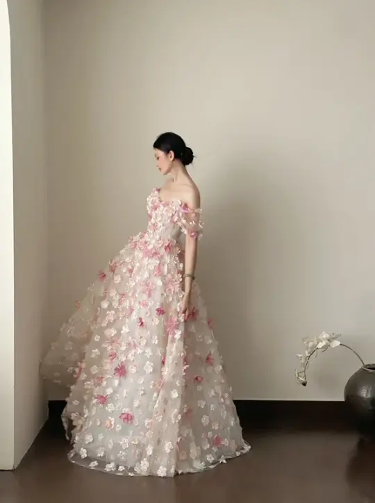 Pink floral one‑shoulder, waist‑cinched, full‑skirted long prom dress R7981