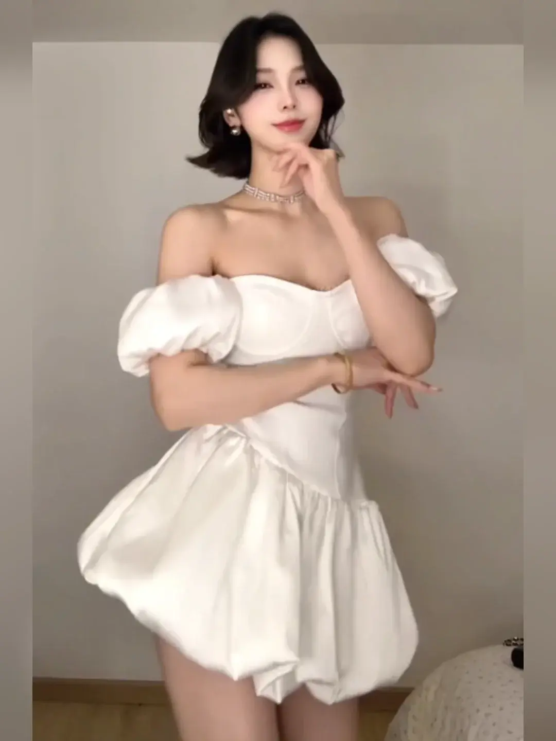 French style white one shoulder dress female temperament waist princess flower bud puffy skirt R3595