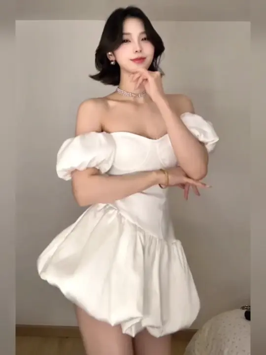 French style white one shoulder dress female temperament waist princess flower bud puffy skirt R3595