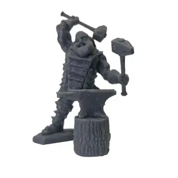 Unpainted 28mm 3D-printed resin fire giant smith with a raised sledge and second hammer, anvil on a stump - tabletop RPG miniature for D&D, Pathfinder & wargaming