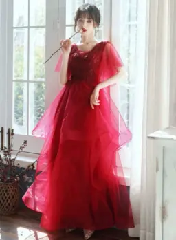 Elegant Hot Red Long Dress A-Line Jewel Chiffon Prom Dress Birthday Dess with Cascade Tulle RS014