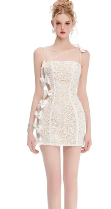 White tube top sexy lace slim fit hip skirt homecoming dress R4372