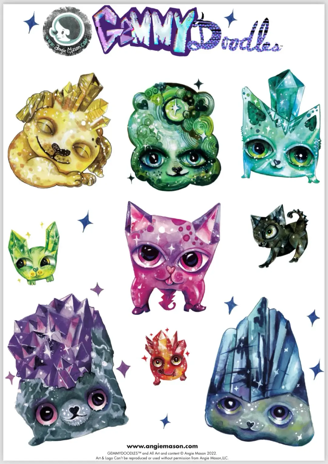 GEMMY DOODLES™️ Series 1 STICKER SHEET with Shimmer Ice Sparkle Effect!