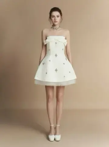 White tube top waist temperament A-line slim princess skirt homecoming dress R4839