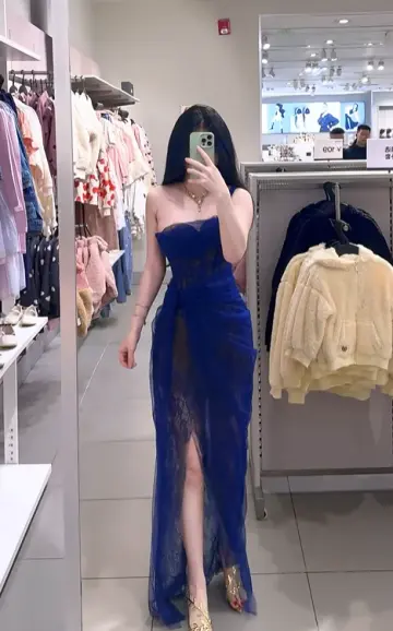 Dark blue strapless fitted waist slim sexy slit long ball gown R7893