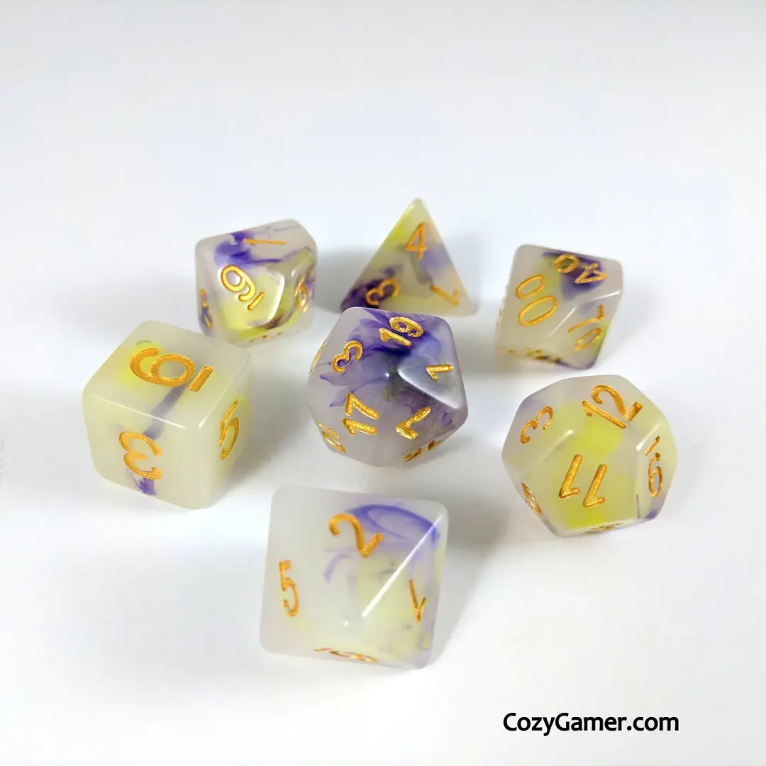 Magic Aura DnD Dice Set, 7-Piece Yellow and Purple Cloudy Dice