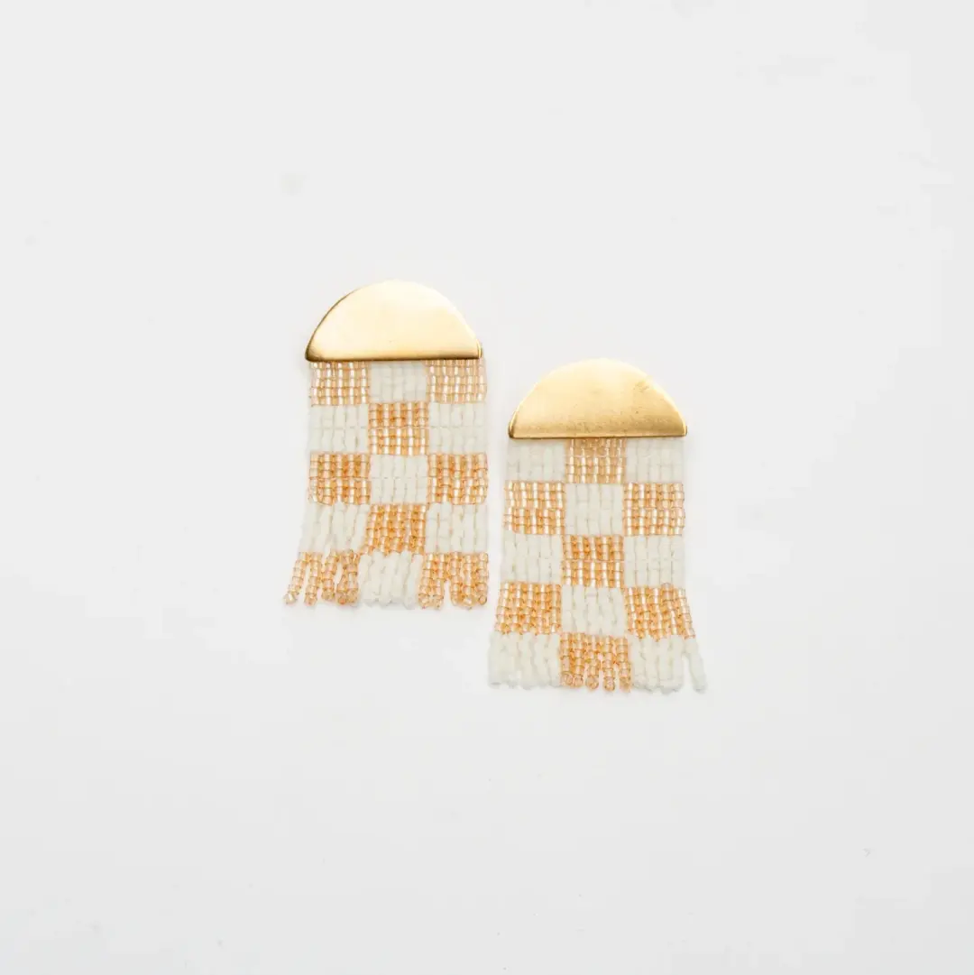 Small Checkerboard Beaded Earrings in White & Champagne