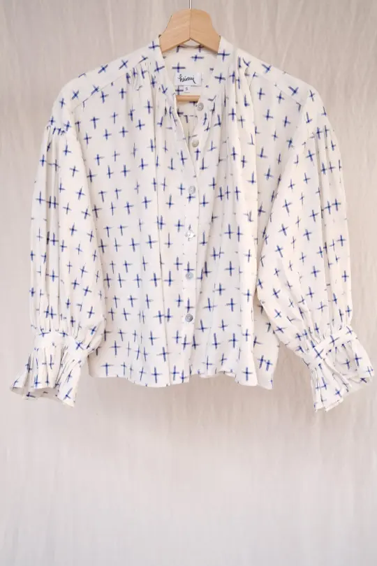 LUNA blouse in the blue cross ikat fabric