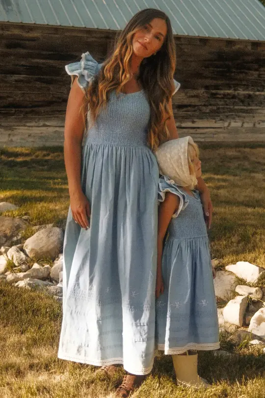 Hattie Ankle Length Dress in Embroidered Chambray