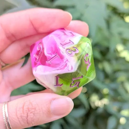 Large D20 Bardic Inspiration – Oversized Pink Green White Die for DnD | Fennek & Finch