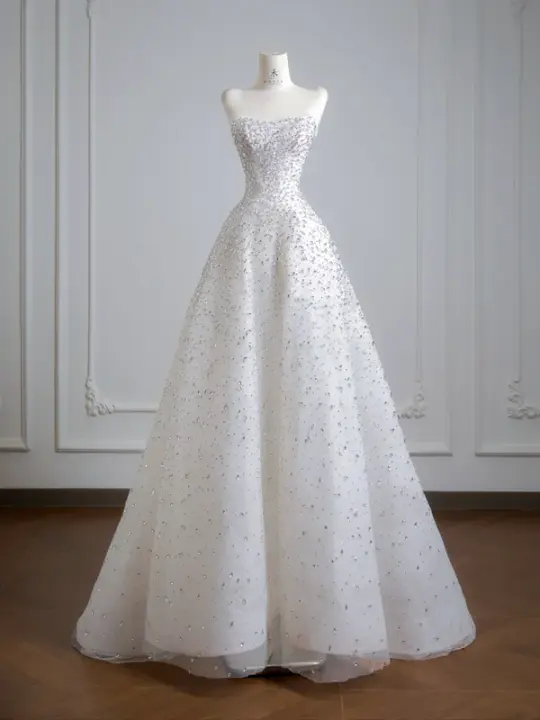 White strapless, fitted A-line long ball gown R8145
