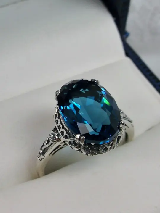 London Blue Topaz Ring, Edwardian Antique Reproduction Jewelry #D70