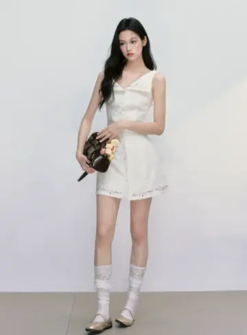 White Cotton Textured Sleeveless Mini Dress Women With Floral Embroidery Trim R9404