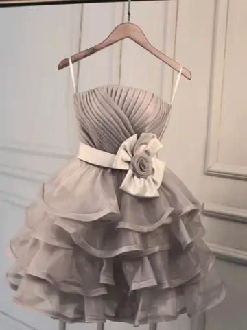 Pretty Sliver Ruffled Homecoming Dress ,A-Line Spaghetti Straps Corset Cute Princess Dress RS991