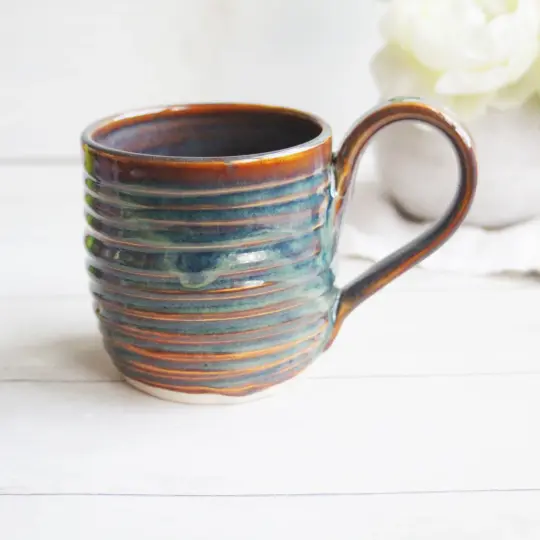 Hand-Thrown Stoneware Mug in Earthy Blue and Amber Drip Glaze