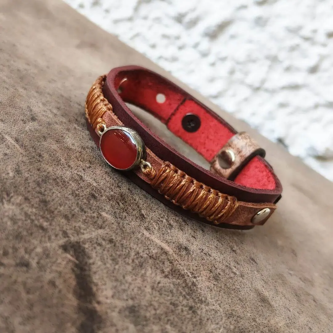 OOAK Red Carnelian Leather Bracelet | Sterling Silver 925