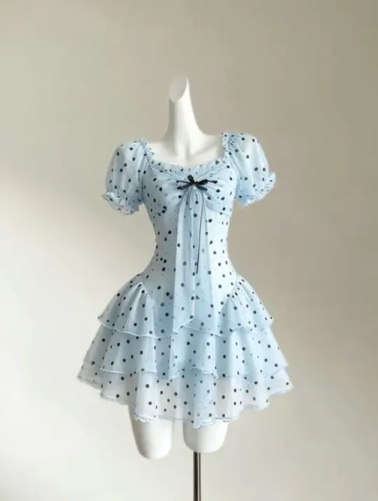 Ruffled Pale Blue Homecoming Dress , Polka Dots Corset Mini Summer Dress RS1772