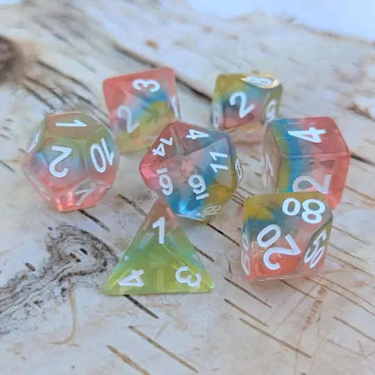 Aurora Sky Dice Set – 7-Piece Rainbow Layered DnD Dice | Fennek & Finch