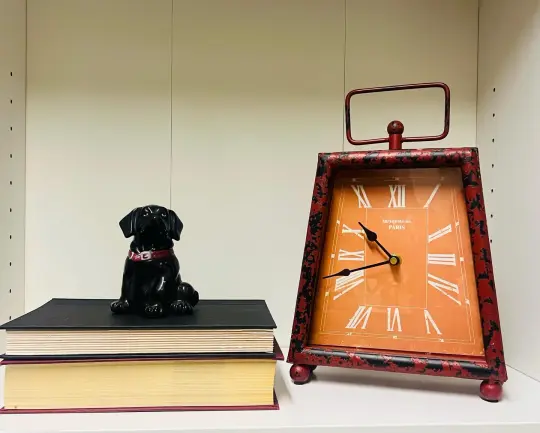 Red Clock and dog curated shelf set-Black ceramic dog, Red Metal vintage clock, color coordinated books