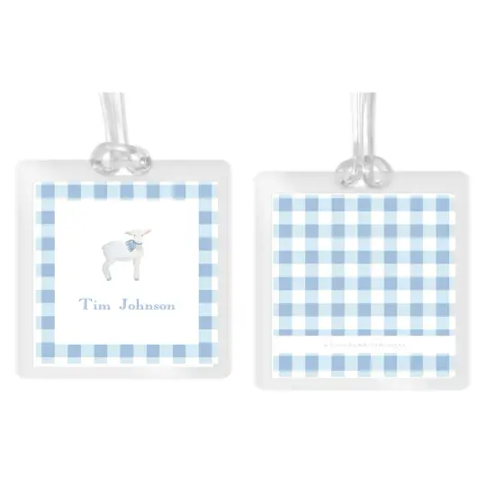Boy's Watercolor Lamb with Blue Bow Square Laminated Bag Tag