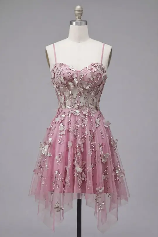 Luxury Barbie Pink Homecoming Dress A-Line Spaghetti Straps Applique Corset Mini Birthday Dress  RS658
