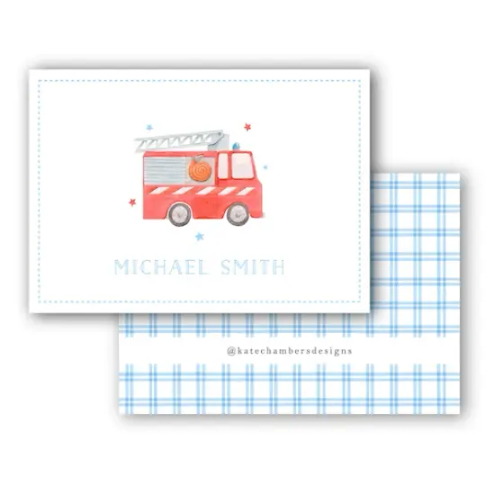 Watercolor Blue Gingham Firetruck Horizontal Enclosure Card