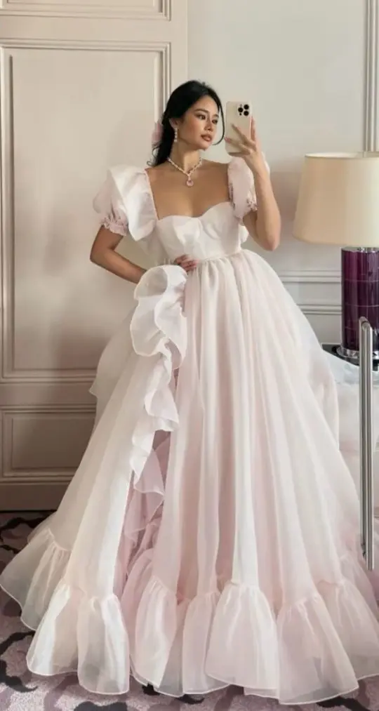 Puffy Tulle Pleated Women's Prom Gown Blush Pink Waist Fitted Maxi Evening Dress Birthday Dress — Fall Outfit 2026 New  RS3291
