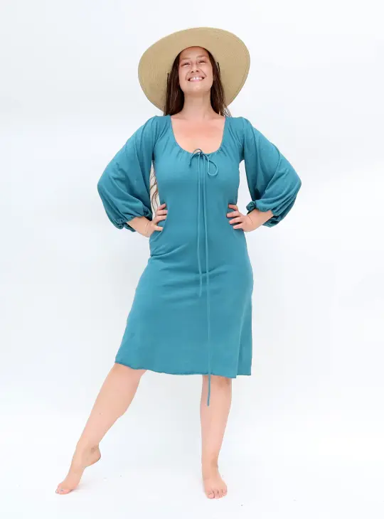 Cottage Sleeve Drawstring Collar Simplicity Below Knee Dress