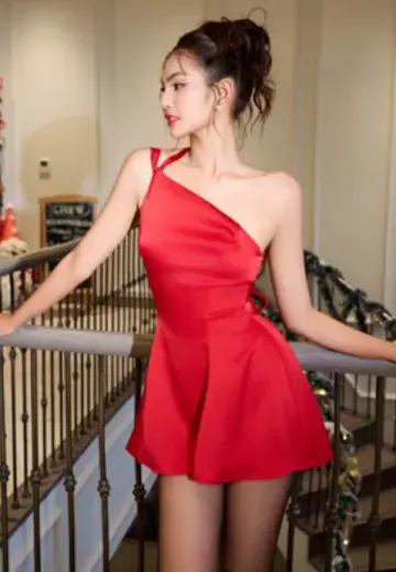 Red asymmetrical neckline design waist open back sexy satin skirt homecoming dress R4452