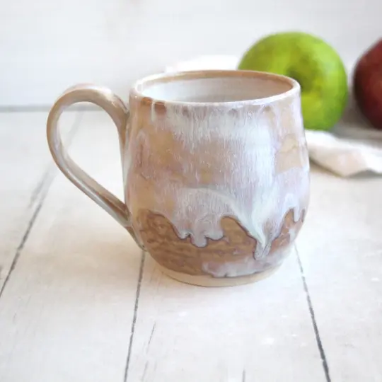 Rustic White and Ocher Pottery Mug with Dripping Glazes, 12 Ounce Coffee Cup, Made in USA