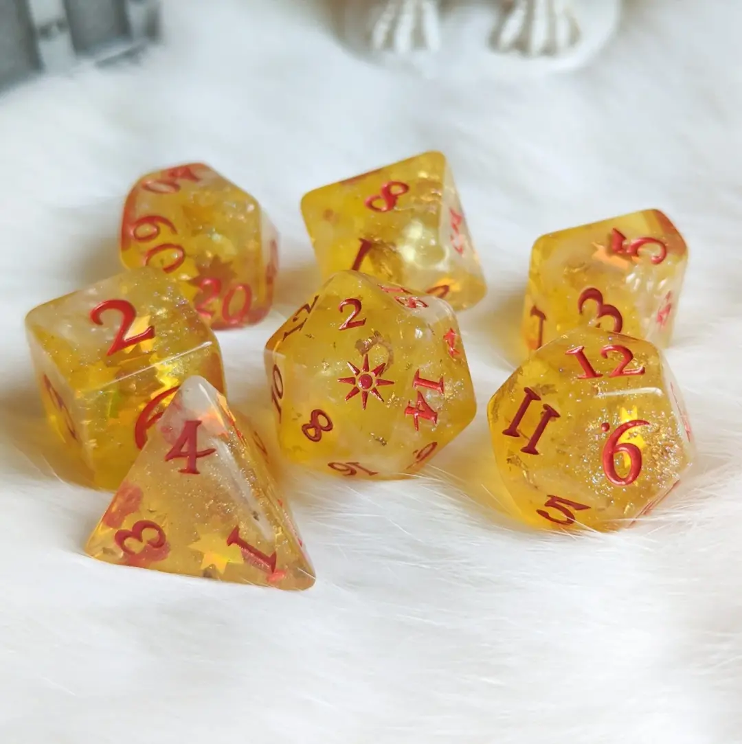 Sunbeam Dice Set – 7 and 11-Piece Gold Celestial DnD Dice with Sun Design | Fennek & Finch