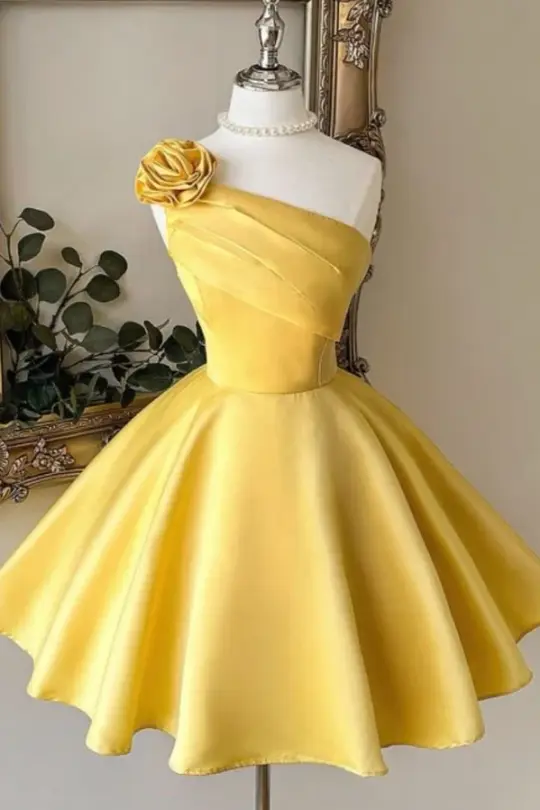 Silky Satin Corset Homecoming Dress , Vibrant Yellow Short Prom Dress Party Dress RS2106