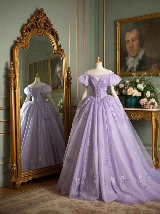 Light purple off-the-shoulder waist-cinching slim-fit ballgown long prom dress R7933