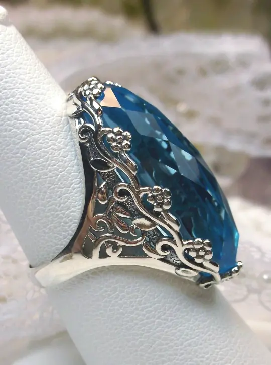 Sky Blue Aquamarine Ring, Size 6, Large Oval gem, Vintage Reproduction Jewelry, Rosey Design #D97 - Ready to Ship