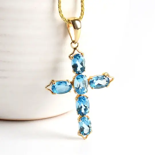 Blue Topaz 14K Gold Cross Pendant