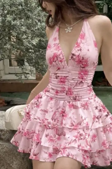 Lovely Pink Floral Homecoming Dress ,A-Line Halter Frilled Corset Short Prom Dress RS873