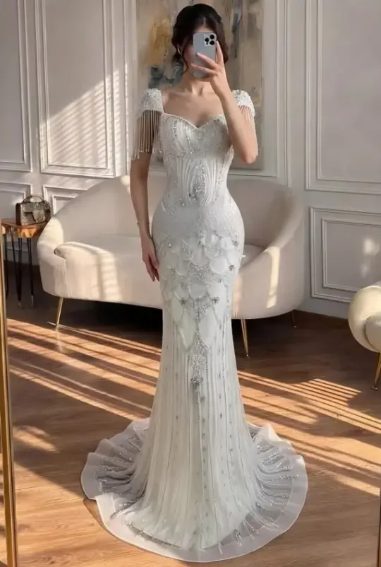 Mermaid Beaded Bodycon Prom Gown , High End White Women's Maxi Evening Dress Ball Gown RS2397