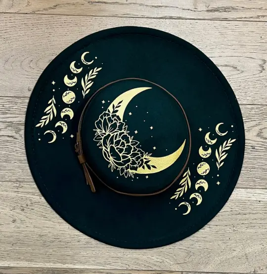 Emerald Floral Moon Vegan Felt Flat Top Wide Brim Hat