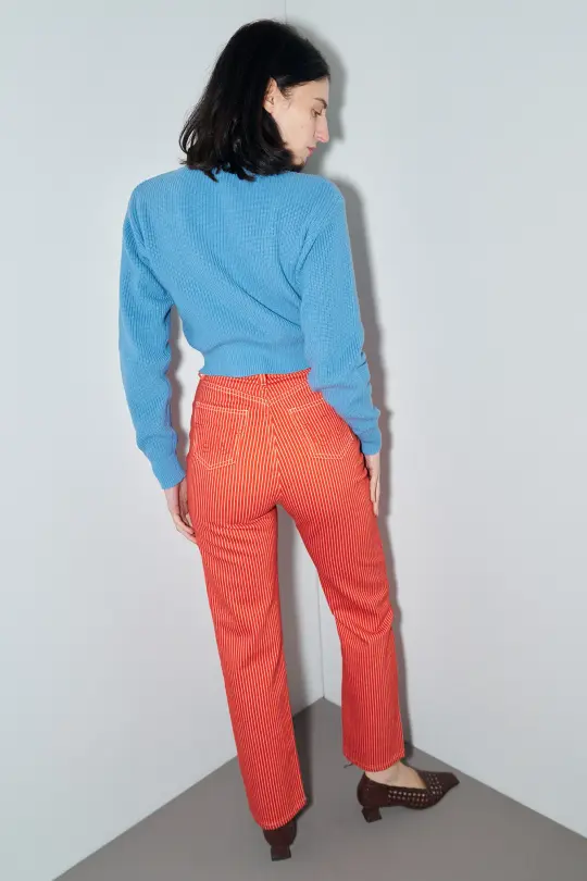 Red Thin Striped Railroad Jeans High Rise