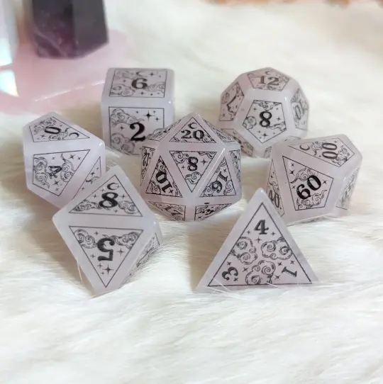 Dreamy Rose Quartz Gemstone Dice Set – Pink Stone DnD Dice | Fennek & Finch