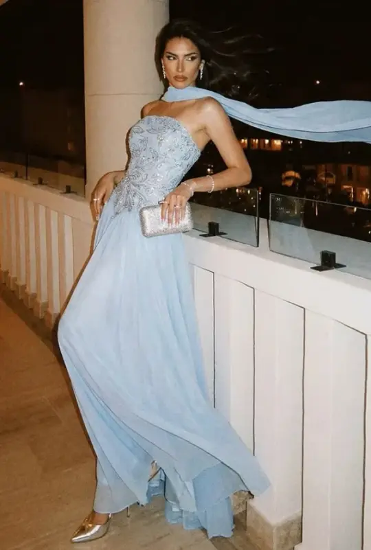 Blue Flowy Embroidered Corset Prom Gown , Elegant Women's Maxi Evening Dress RS2293