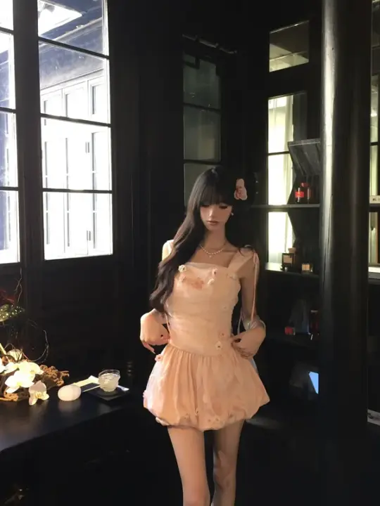 Pink suspender waist slim fit flower bud skirt short skirt homecoming dress R5094
