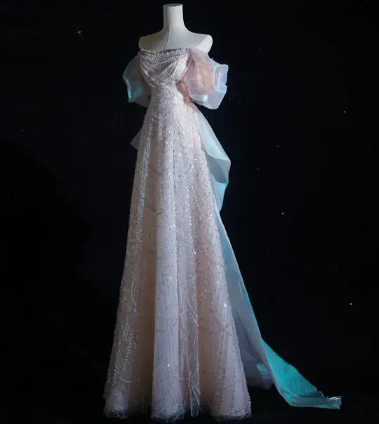 Gorgeous Pink Beaded Prom Dress ,Mermaid Off-the-shoulder Corset Maxi Evening Dress RS926