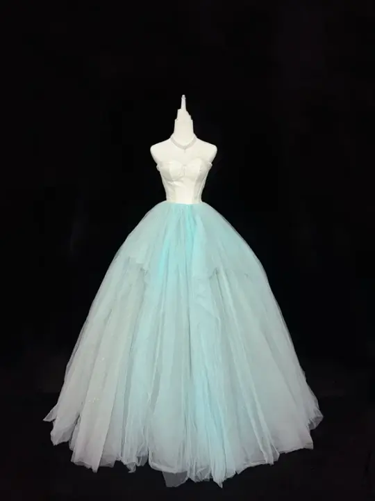 White strapless fitted bodice with light green tulle skirt, long ball gown R9057